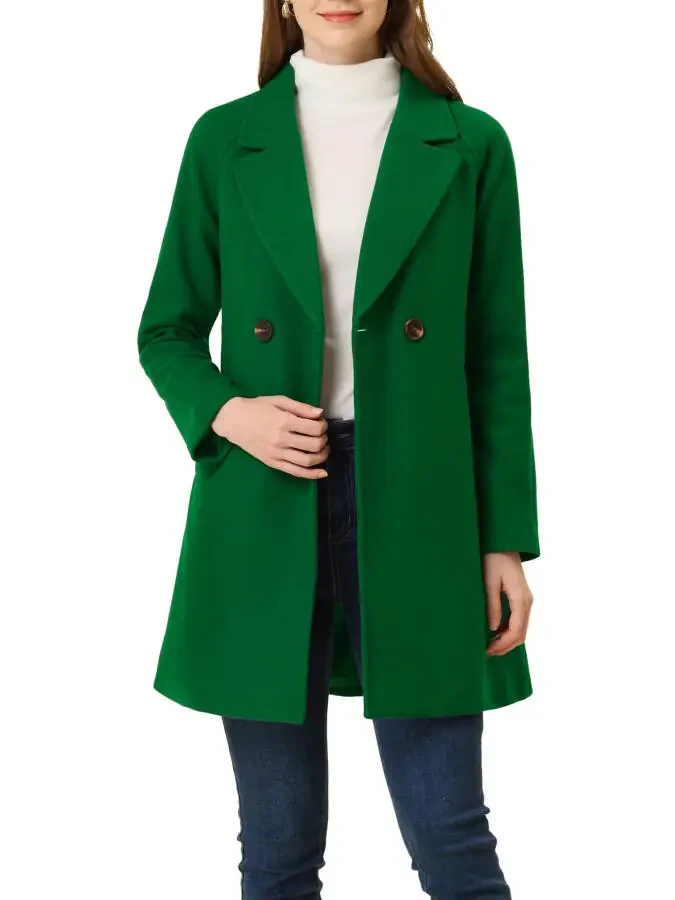 Allegra K Women's Double Breasted Lapel Raglan Long Sleeve Mid Length Overcoat XL Grass Green- - 1