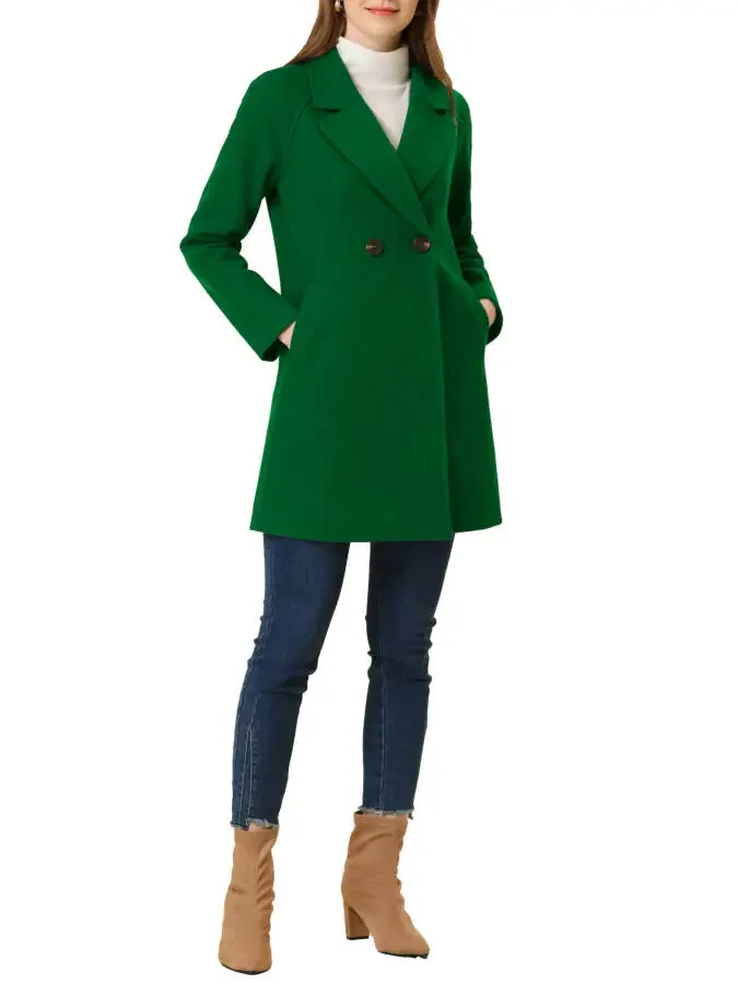 Allegra K Women's Double Breasted Lapel Raglan Long Sleeve Mid Length Overcoat XL Grass Green- - 2