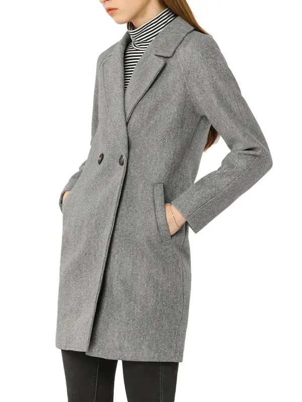 Allegra K Women's Double Breasted Lapel Raglan Long Sleeve Mid Length Overcoat XL Grey- - 3