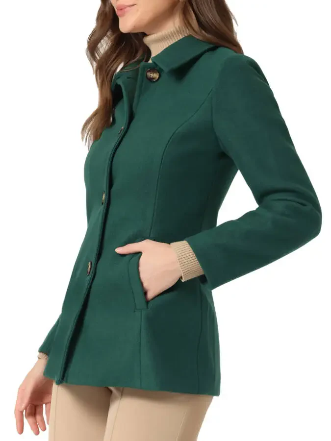 INSPIRE CHIC Women's Peter Pan Collar Single Breasted Overcoat Coat S Dark Green- - 4