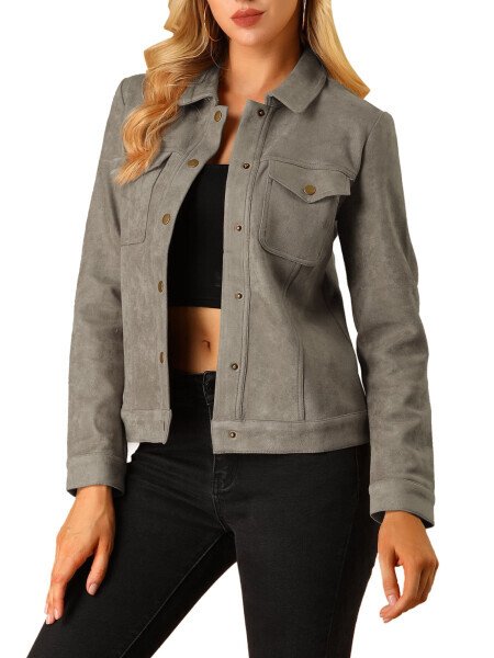 INSPIRE CHIC Women's Turn-Down Collar Flap Pockets Snap Button Faux Suede Jacket L Taupe- - 7