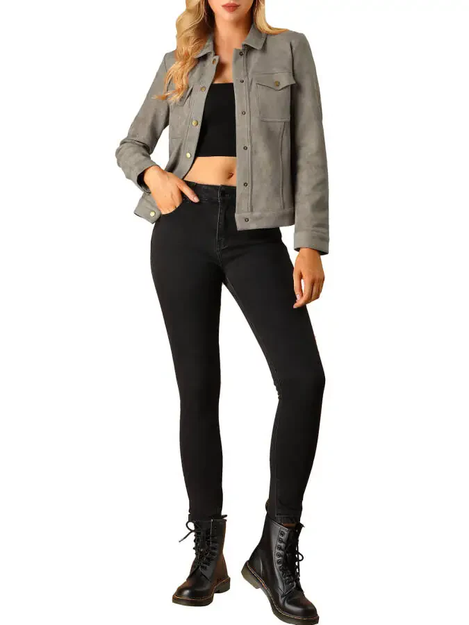 INSPIRE CHIC Women's Turn-Down Collar Flap Pockets Snap Button Faux Suede Jacket L Taupe- - 8