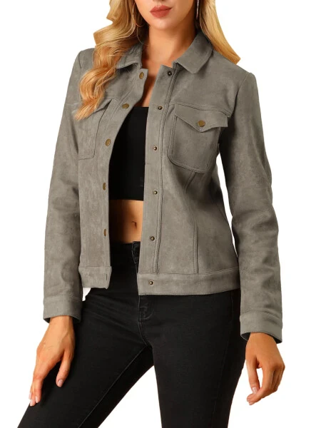 INSPIRE CHIC Women's Turn-Down Collar Flap Pockets Snap Button Faux Suede Jacket L Taupe- - INSPIRE CHIC
