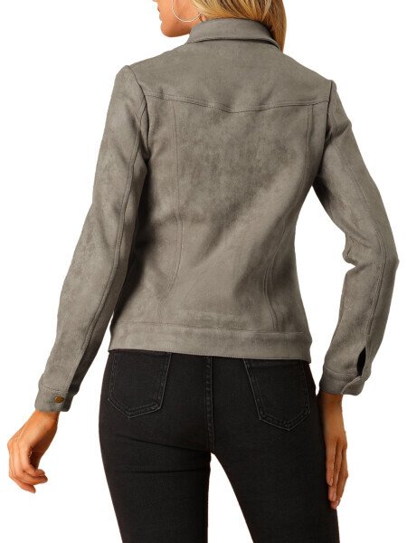 INSPIRE CHIC Women's Turn-Down Collar Flap Pockets Snap Button Faux Suede Jacket L Taupe- - 3