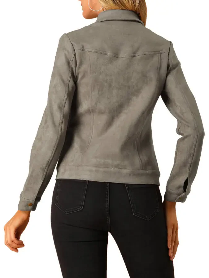 INSPIRE CHIC Women's Turn-Down Collar Flap Pockets Snap Button Faux Suede Jacket L Taupe- - 3