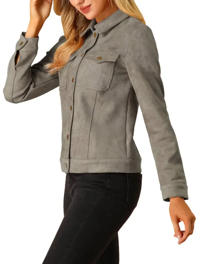 INSPIRE CHIC Women's Turn-Down Collar Flap Pockets Snap Button Faux Suede Jacket L Taupe- - 4