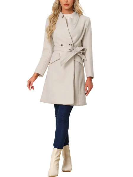 INSPIRE CHIC Women Vintage Belted Coat for Women's Stand Collar Winter Outwear Coats L Beige- - INSPIRE CHIC