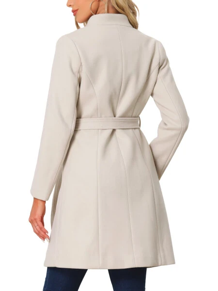 INSPIRE CHIC Women Vintage Belted Coat for Women's Stand Collar Winter Outwear Coats L Beige- - INSPIRE CHIC (1)