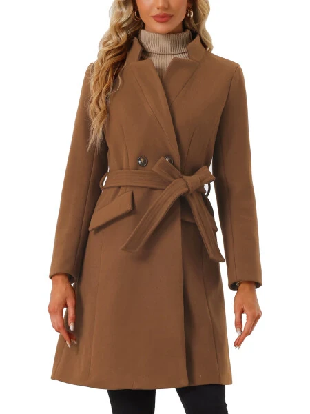 INSPIRE CHIC Women Vintage Belted Coat for Women's Stand Collar Winter Outwear Coats XS Brown- - INSPIRE CHIC