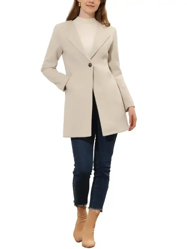 INSPIRE CHIC Women's Half Lapel Long Sleeves One Button Winter Mid-Length Overcoat M Beige White- - 2