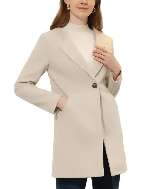INSPIRE CHIC Women's Half Lapel Long Sleeves One Button Winter Mid-Length Overcoat M Beige White- - 5