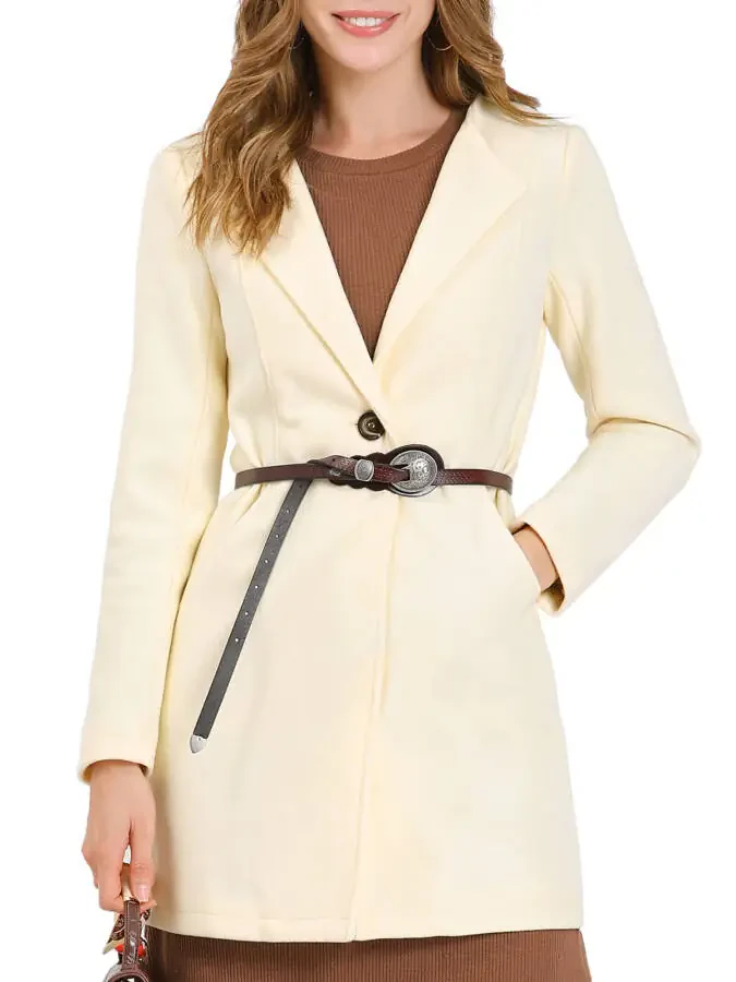 INSPIRE CHIC Women's Half Lapel Long Sleeves One Button Winter Mid-Length Overcoat M Beige- - 1