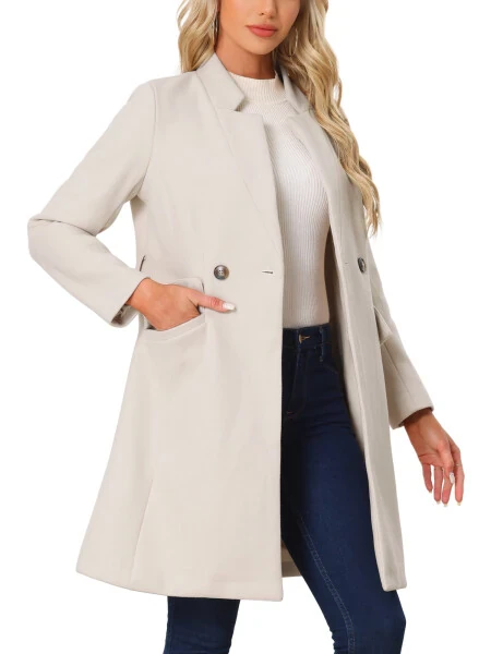 Allegra K Women Vintage Belted Coat for Women's Stand Collar Winter Outwear Coats L Beige - 3