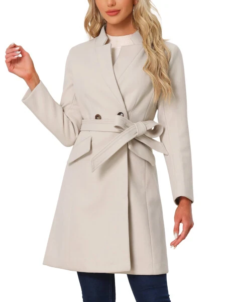 Allegra K Women Vintage Belted Coat for Women's Stand Collar Winter Outwear Coats L Beige - 6