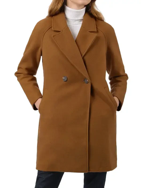 Allegra K Women's Double Breasted Lapel Raglan Long Sleeve Mid Length Overcoat - 4