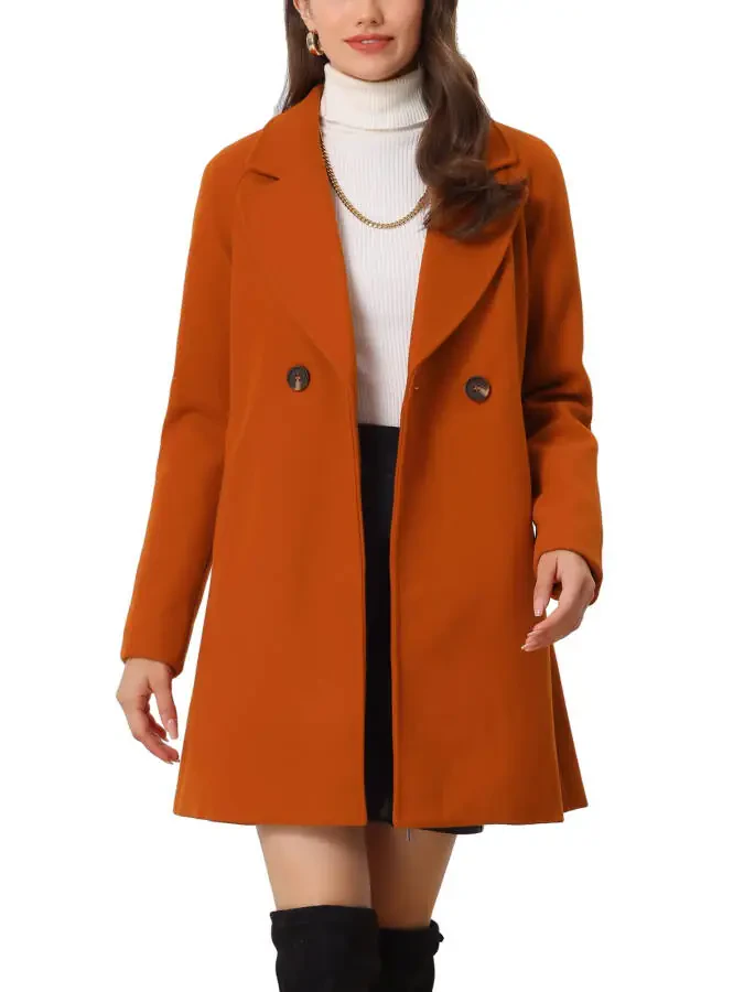 Allegra K Women's Double Breasted Lapel Raglan Long Sleeve Mid Length Overcoat - 1