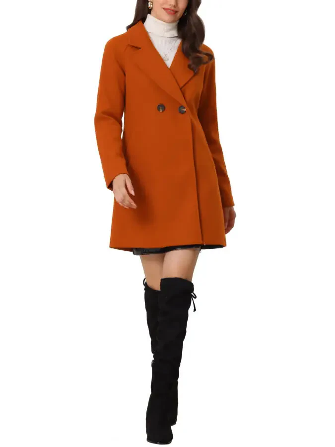 Allegra K Women's Double Breasted Lapel Raglan Long Sleeve Mid Length Overcoat - 2