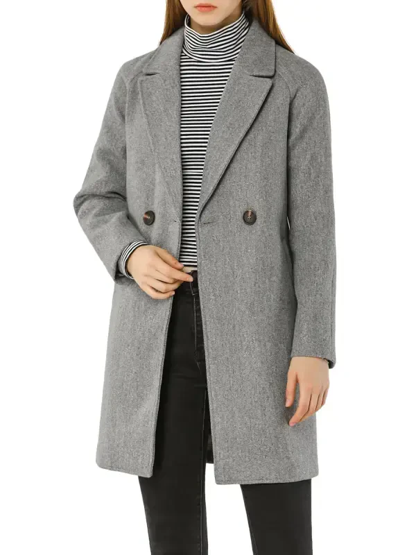 Allegra K Women's Double Breasted Lapel Raglan Long Sleeve Mid Length Overcoat - 2