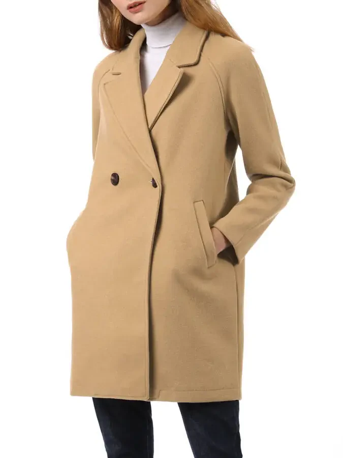 Allegra K Women's Double Breasted Lapel Raglan Long Sleeve Mid Length Overcoat - 1