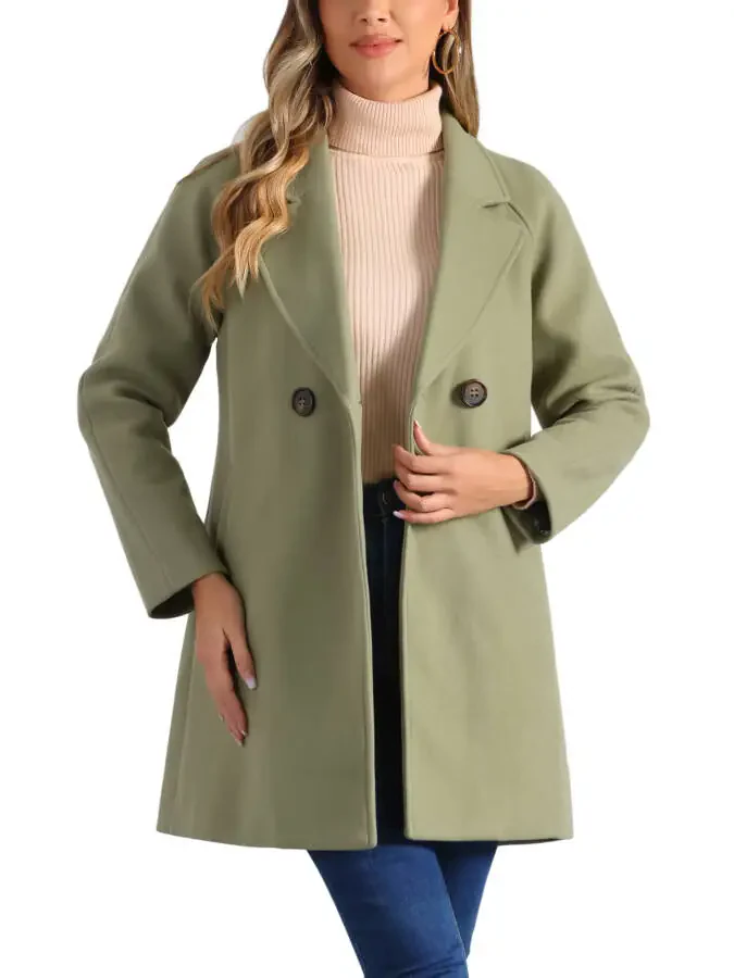 Allegra K Women's Double Breasted Lapel Raglan Long Sleeve Mid Length Overcoat - 1
