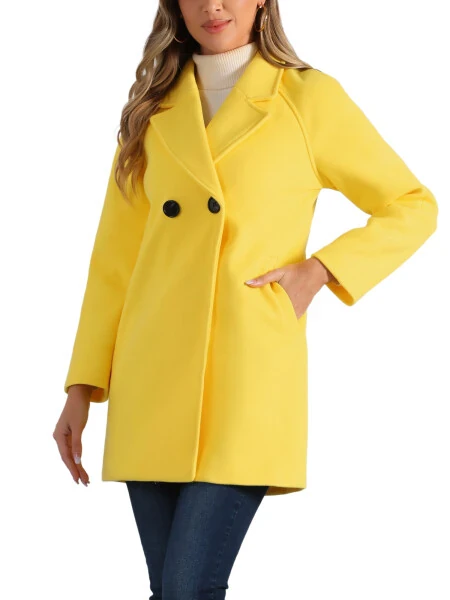 Allegra K Women's Double Breasted Lapel Raglan Long Sleeve Mid Length Overcoat - ALLEGRA K