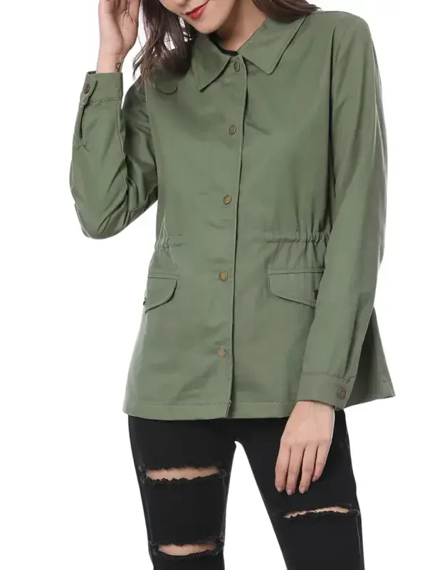 Allegra K Women's Drawstring Waist Flap Pocket Zip Button Utility Jacket - 5