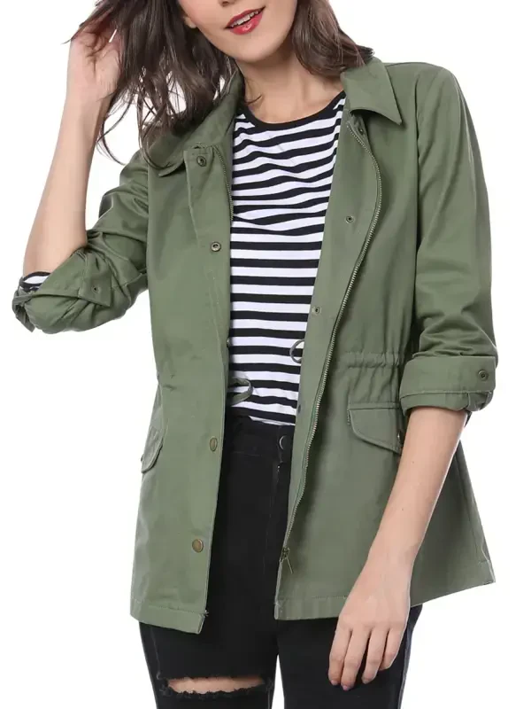 Allegra K Women's Drawstring Waist Flap Pocket Zip Button Utility Jacket - 6