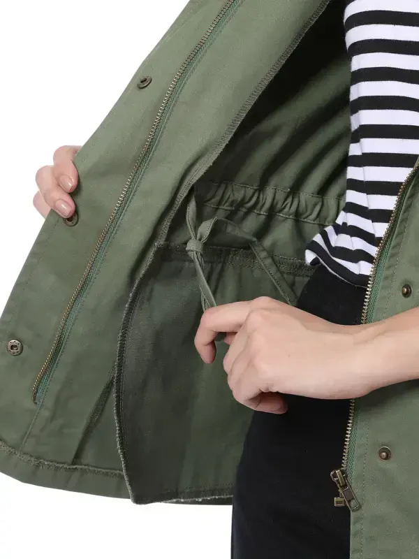 Allegra K Women's Drawstring Waist Flap Pocket Zip Button Utility Jacket - 7