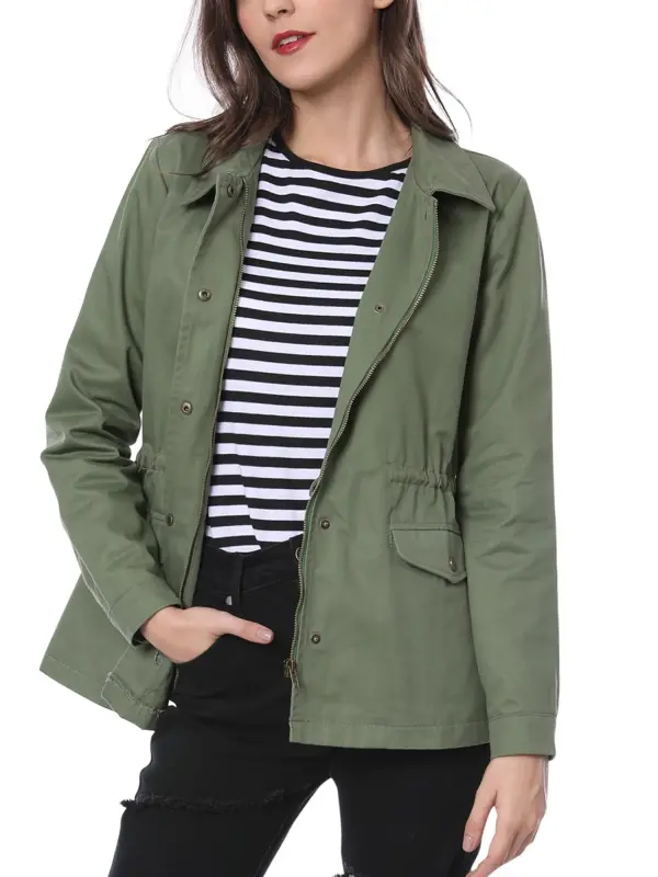 Allegra K Women's Drawstring Waist Flap Pocket Zip Button Utility Jacket - INSPIRE CHIC