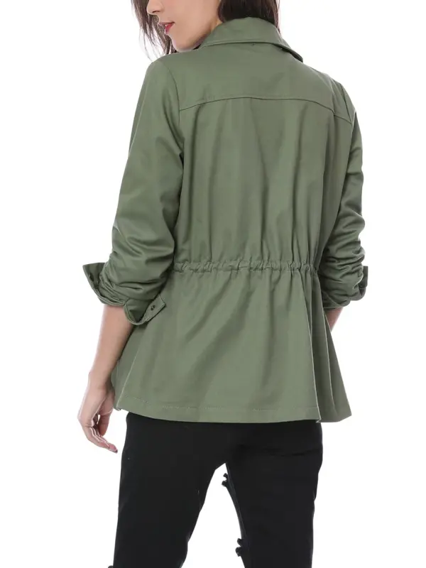 Allegra K Women's Drawstring Waist Flap Pocket Zip Button Utility Jacket - 3