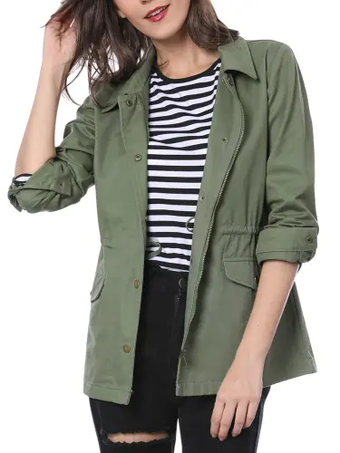 Allegra K Women's Drawstring Waist Flap Pocket Zip Button Utility Jacket - 5