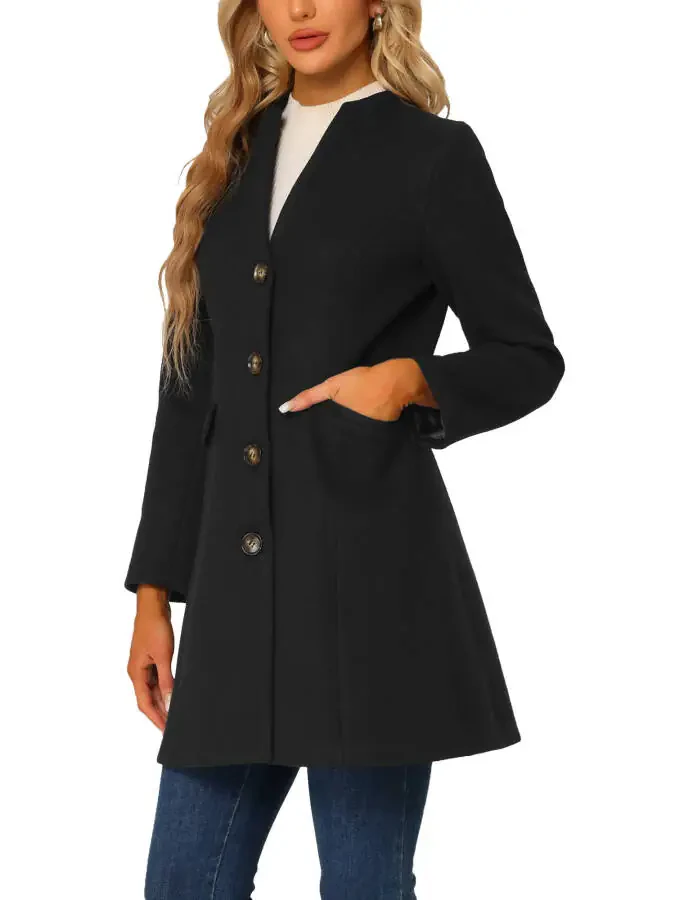 Allegra K Women's Elegant Winter V Neck Long Sleeve Single Breasted Long Overcoat - 4