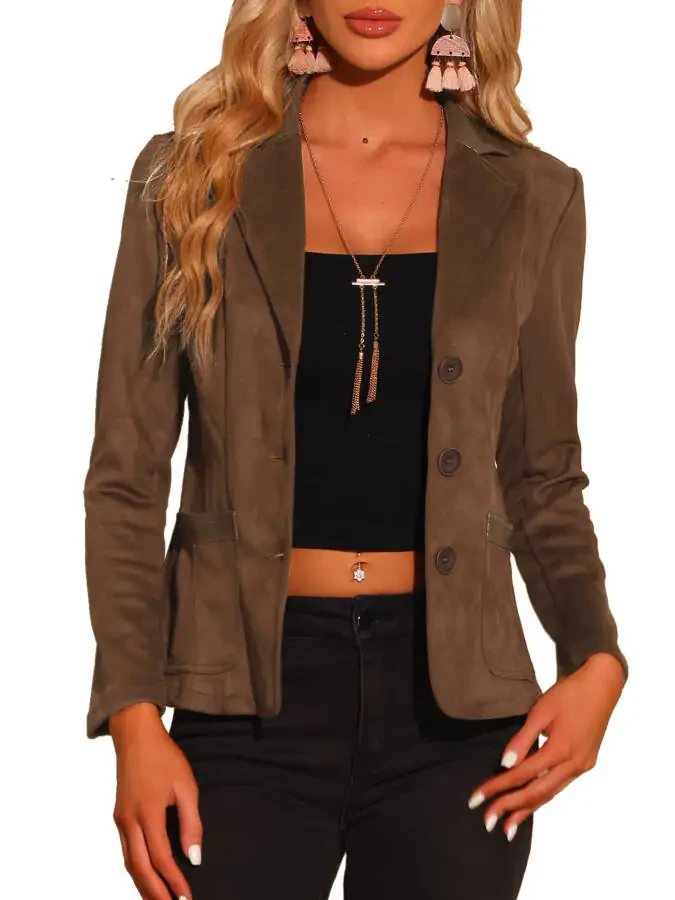 Allegra K Women's Faux Suede Lapel Collar Button Down Long Sleeve Blazer - 6