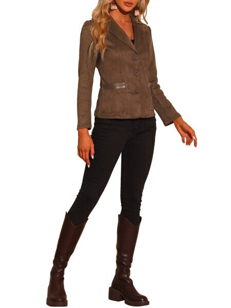 Allegra K Women's Faux Suede Lapel Collar Button Down Long Sleeve Blazer - 7