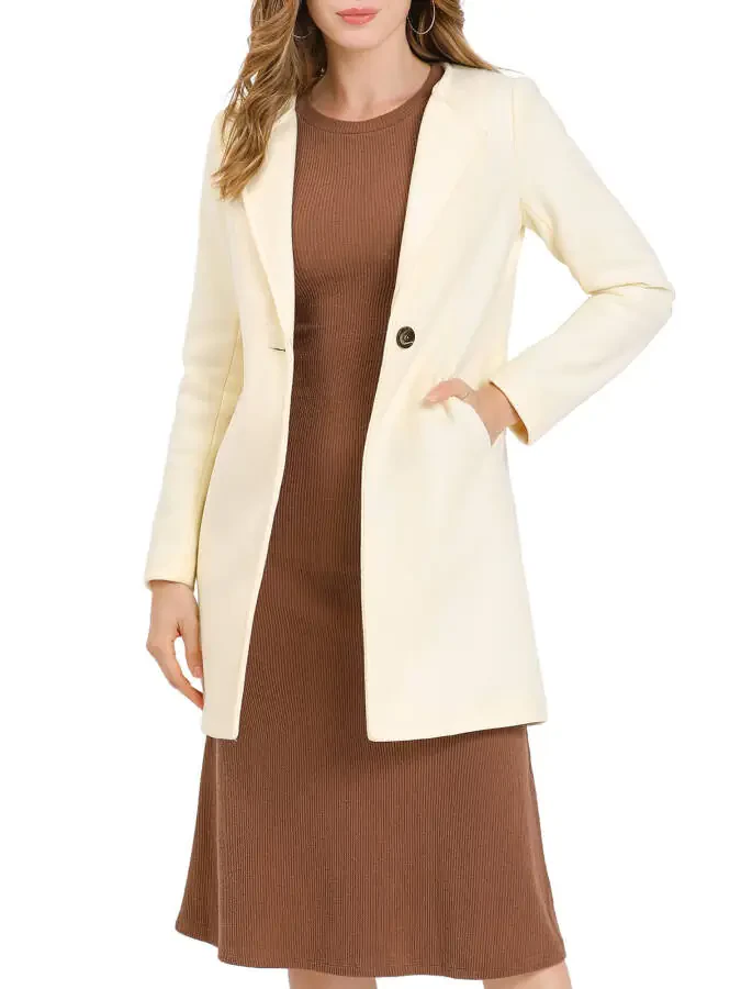 Allegra K Women's Half Lapel Long Sleeves One Button Winter Mid-Length Overcoat M Beige - 4