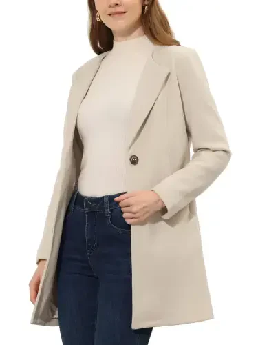 Allegra K Women's Half Lapel Long Sleeves One Button Winter Mid-Length Overcoat M Beige White - 1