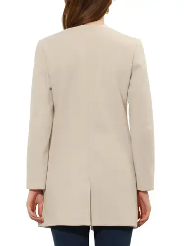 Allegra K Women's Half Lapel Long Sleeves One Button Winter Mid-Length Overcoat M Beige White - 3