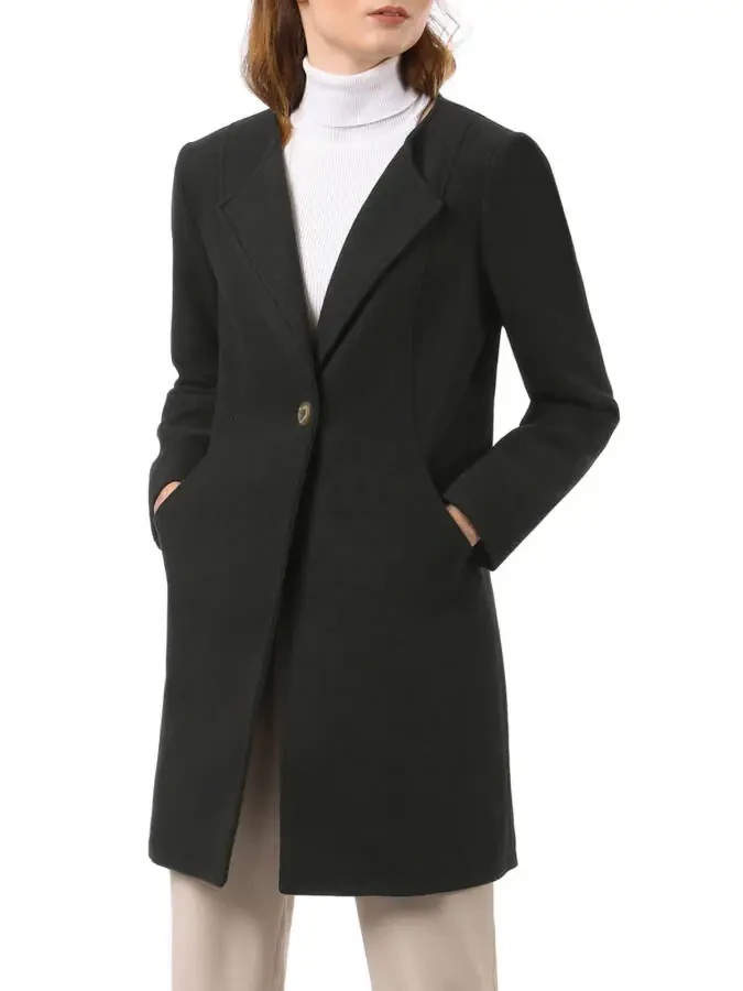 Allegra K Women's Half Lapel Long Sleeves One Button Winter Mid-Length Overcoat S Black - 1