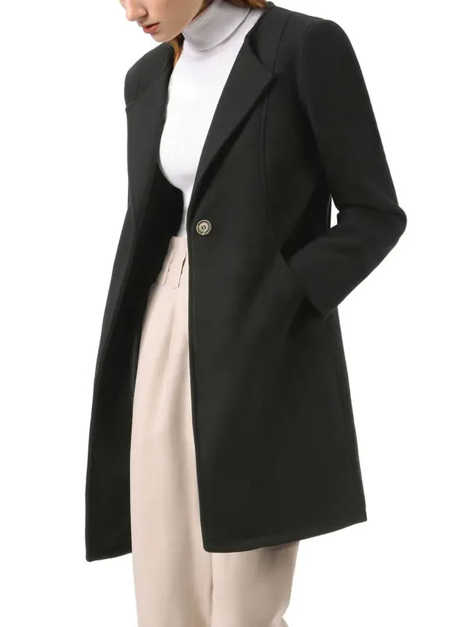 Allegra K Women's Half Lapel Long Sleeves One Button Winter Mid-Length Overcoat S Black - 2
