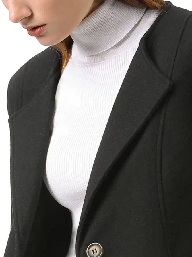 Allegra K Women's Half Lapel Long Sleeves One Button Winter Mid-Length Overcoat S Black - 5