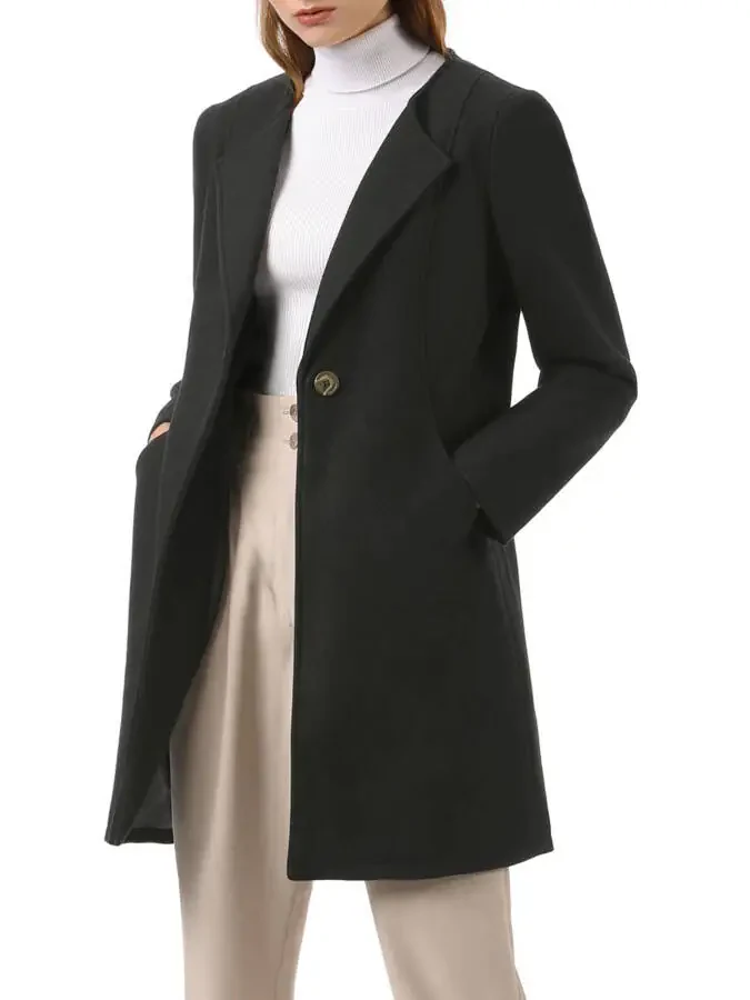Allegra K Women's Half Lapel Long Sleeves One Button Winter Mid-Length Overcoat S Black - 7