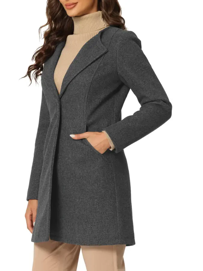 Allegra K Women's Half Lapel Long Sleeves One Button Winter Mid-Length Overcoat XL Deep Gray - 3