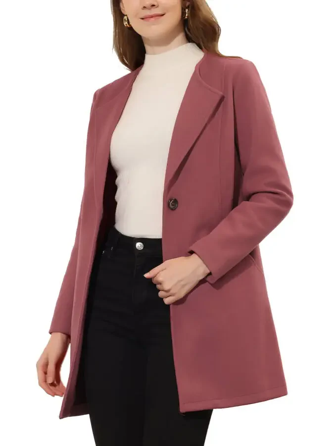 Allegra K Women's Half Lapel Long Sleeves One Button Winter Mid-Length Overcoat XS Dusty Pink - 3