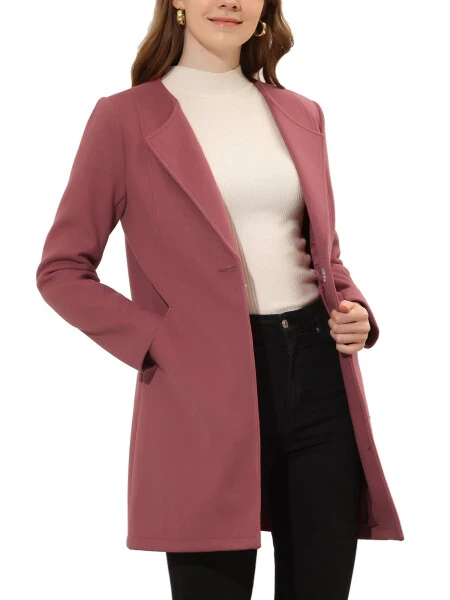 Allegra K Women's Half Lapel Long Sleeves One Button Winter Mid-Length Overcoat XS Dusty Pink - 5