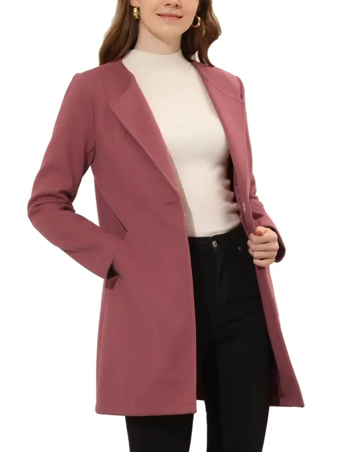 Allegra K Women's Half Lapel Long Sleeves One Button Winter Mid-Length Overcoat XS Dusty Pink - 5