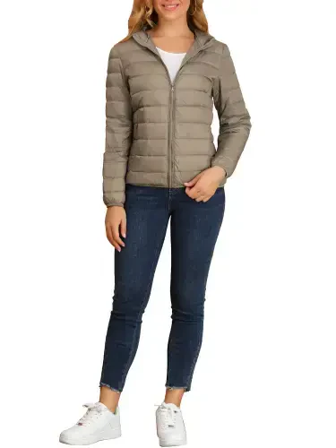 Allegra K Women's Hooded Long Sleeves Zip Up Lightweight Packable Puffer Jacket - 3