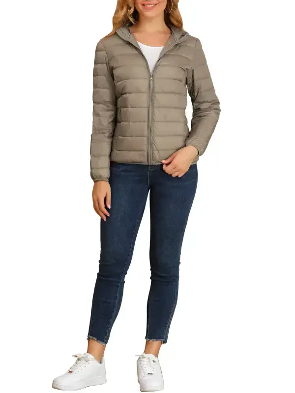 Allegra K Women's Hooded Long Sleeves Zip Up Lightweight Packable Puffer Jacket - 3