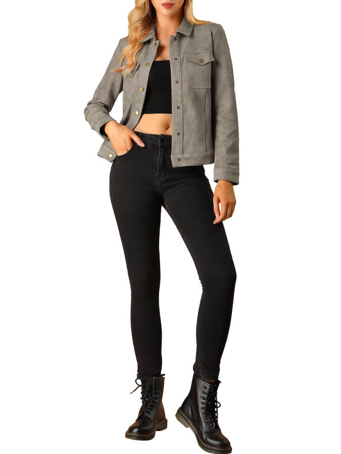 Allegra K Women's Long Sleeve Faux Suede Trucker Motorcycle Jacket - 2