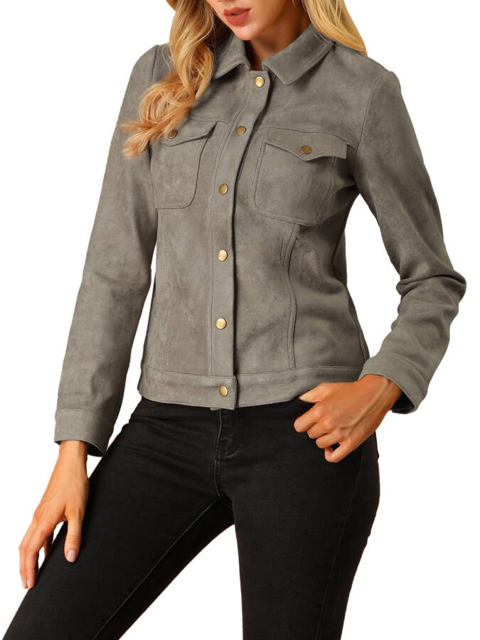 Allegra K Women's Long Sleeve Faux Suede Trucker Motorcycle Jacket - 5