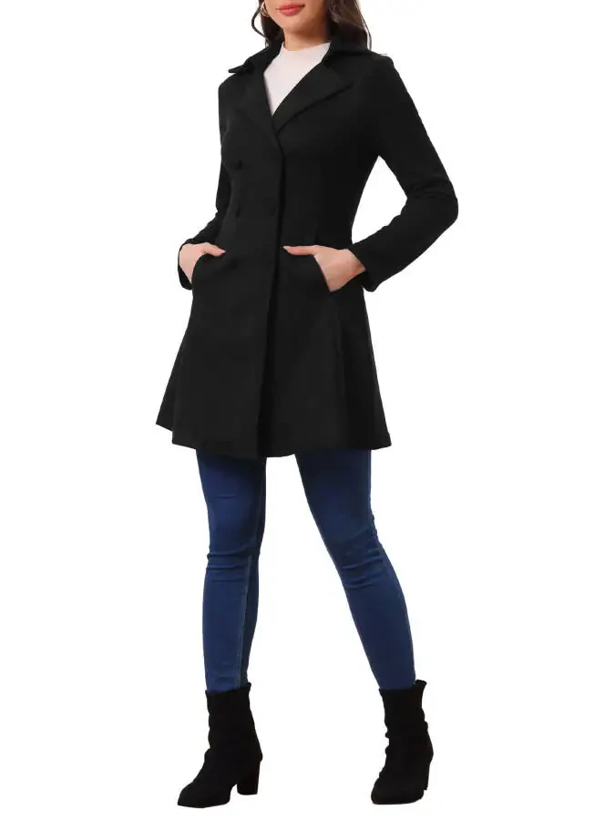 Allegra K Women's Notched Lapel Double Breasted Elegant Winter Long Coat - 2